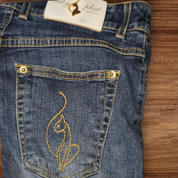 Baby Phat Cropped Denim Low Rise Cat Logo Jeans with Cuffed Hem - Picture 5 of 10